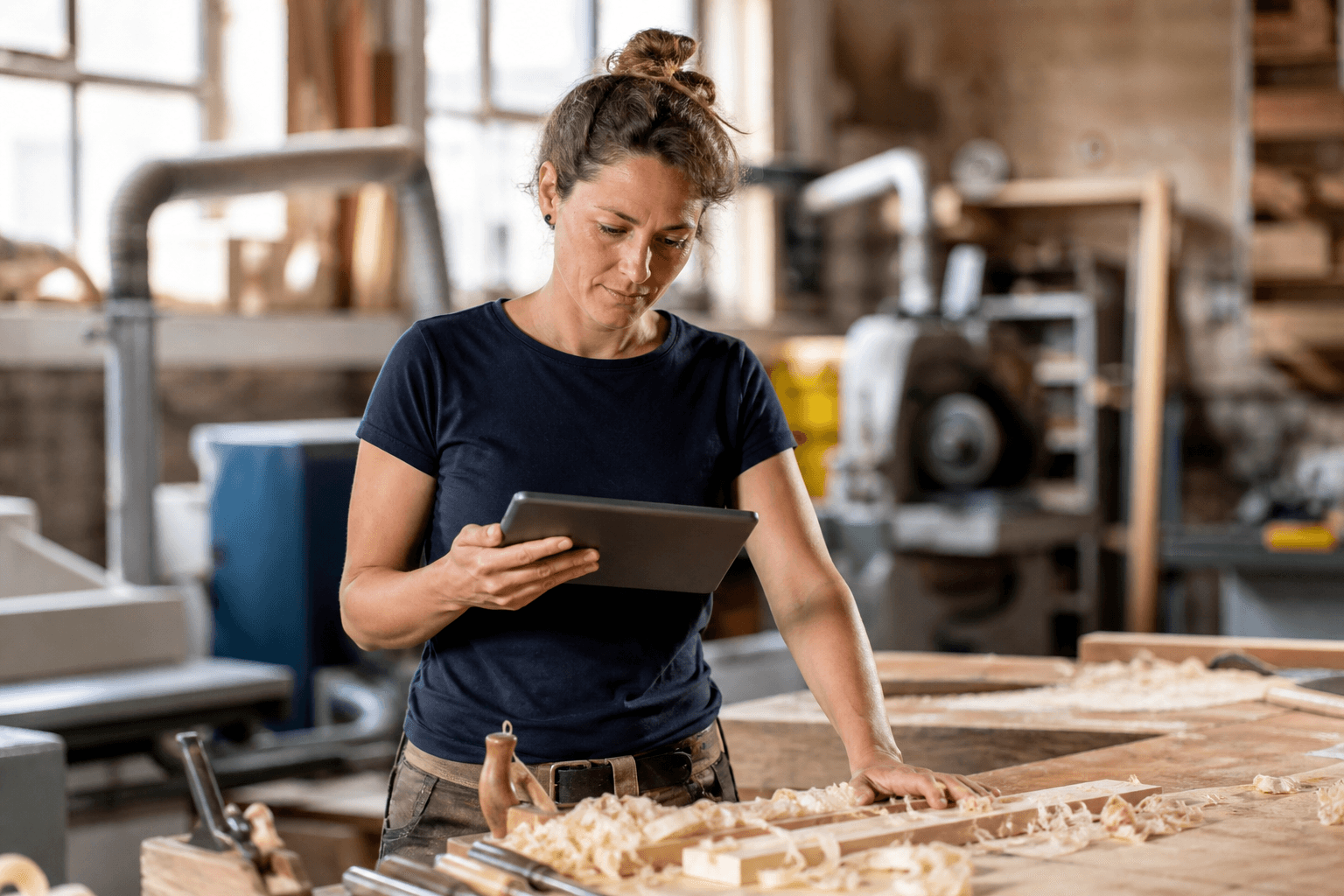 Handwerkerin in der Werkstatt mit Tablet