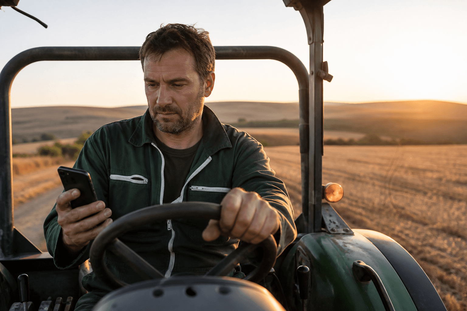 Landwirt auf dem Schlepper — Rechnungen laufen heute vom Feld aus