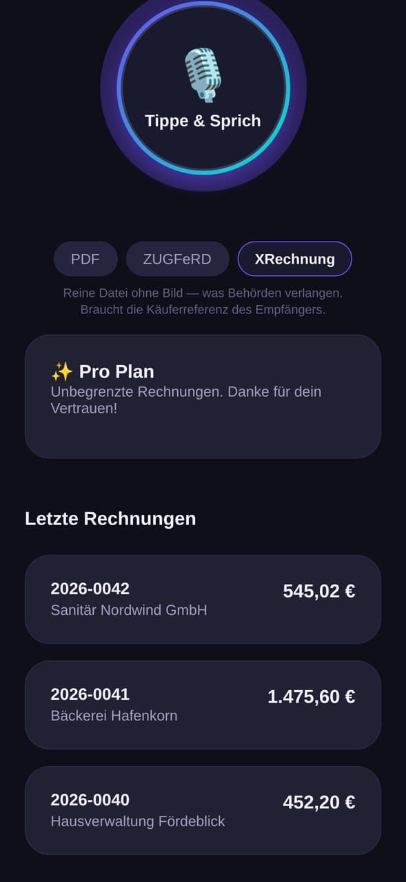 Auswahl des Ausgabeformats XRechnung in der App, darunter die zuletzt geschriebenen Rechnungen