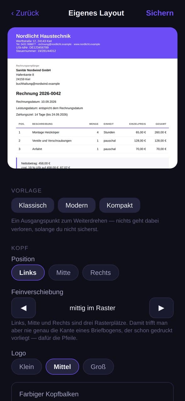 Layout-Editor von In(2)voice mit Live-Vorschau der Rechnung und Einstellungen für Logo und Farbe